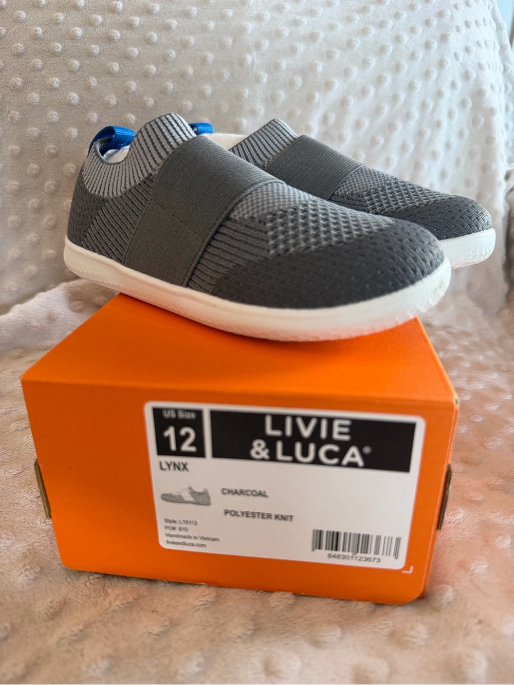 Livie & Luca Charcoal Knit Slip-On Sneakers with Blue Heel Tab